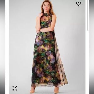 julia jordan Black Sheer Floral Maxi Dress with Green and Pink Accents